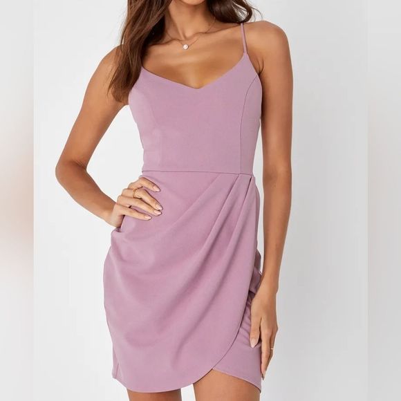 NWT NEW Lulu's Faux Wrap Forever Your Girl Mauve Pink Bodycon Dress Size Large - Picture 2 of 8